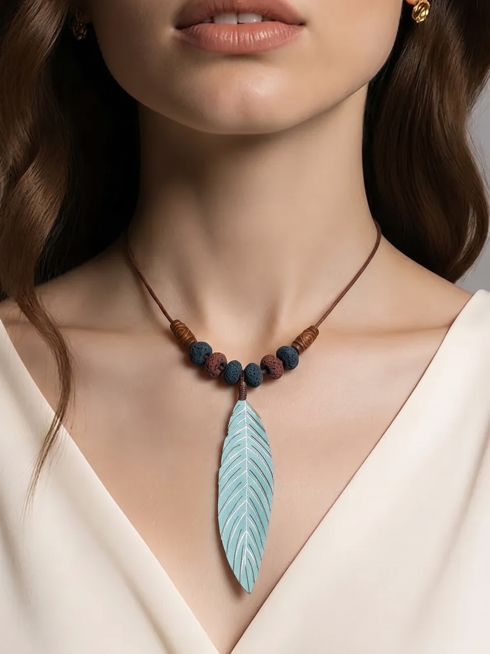 Boho Aqua Feather Pendant Necklace